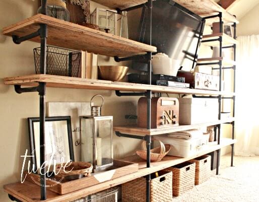 DIY industrial pipe shelves. Use your imagination to come up with any configuration. There are so many options to what you can do. | Twelveonmain.com 