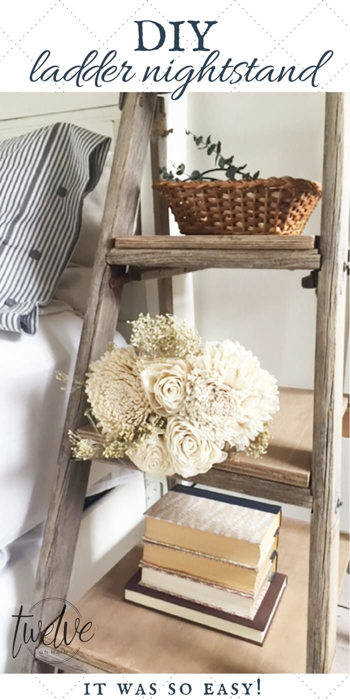 DIY farmhouse nightstand from an old ladder?  This is an awesome projects, with a full tutorial!  This farmhouse style nightstand has rustic appeal and  beautiful raw wood! #nightstand #farmhousedecor