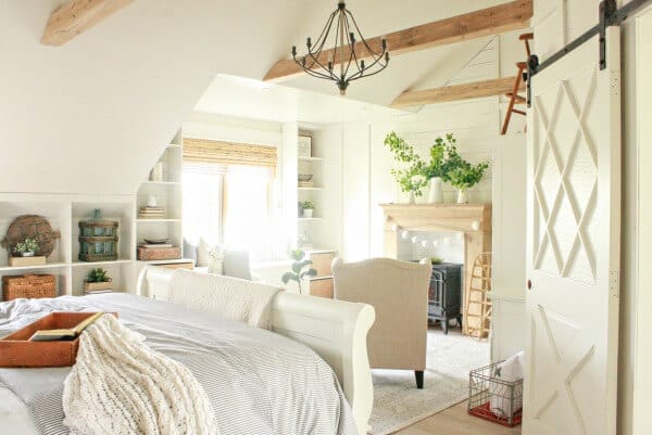 Faux wood beams in a vaulted ceiling