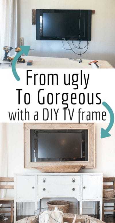 Want to hide that ugly television?  Make your own TV frame with this simple DIY tutorial and create a stylish look for your home. #TwelveOnMain #rusticdecor #diyprojects #homedecor #farmhousetyle