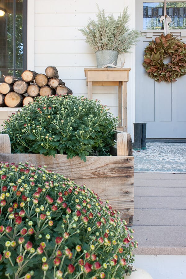 Mums, magnolia wreath, and firewood for a cozy and relaxed fall decor on the porch