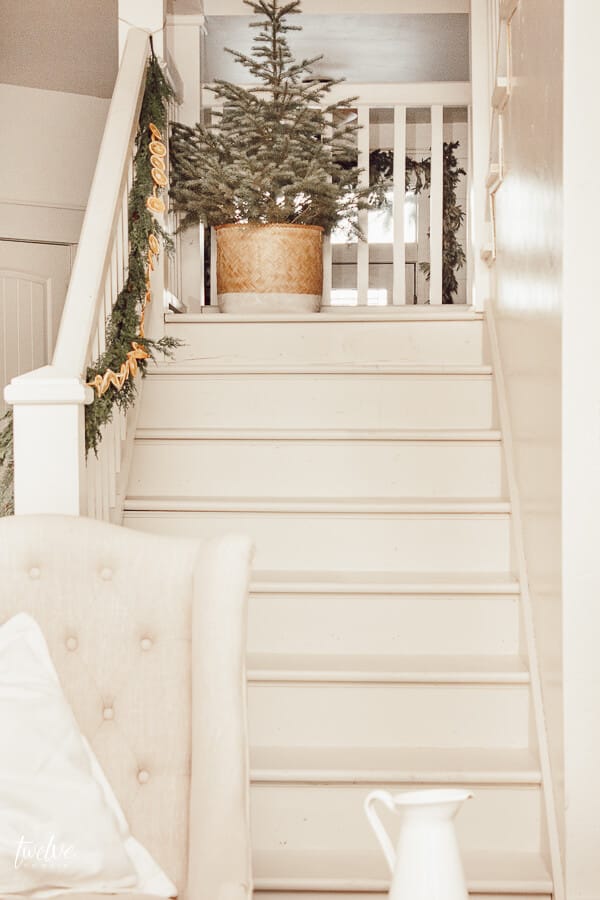 Simple Christmas decor with white stairs