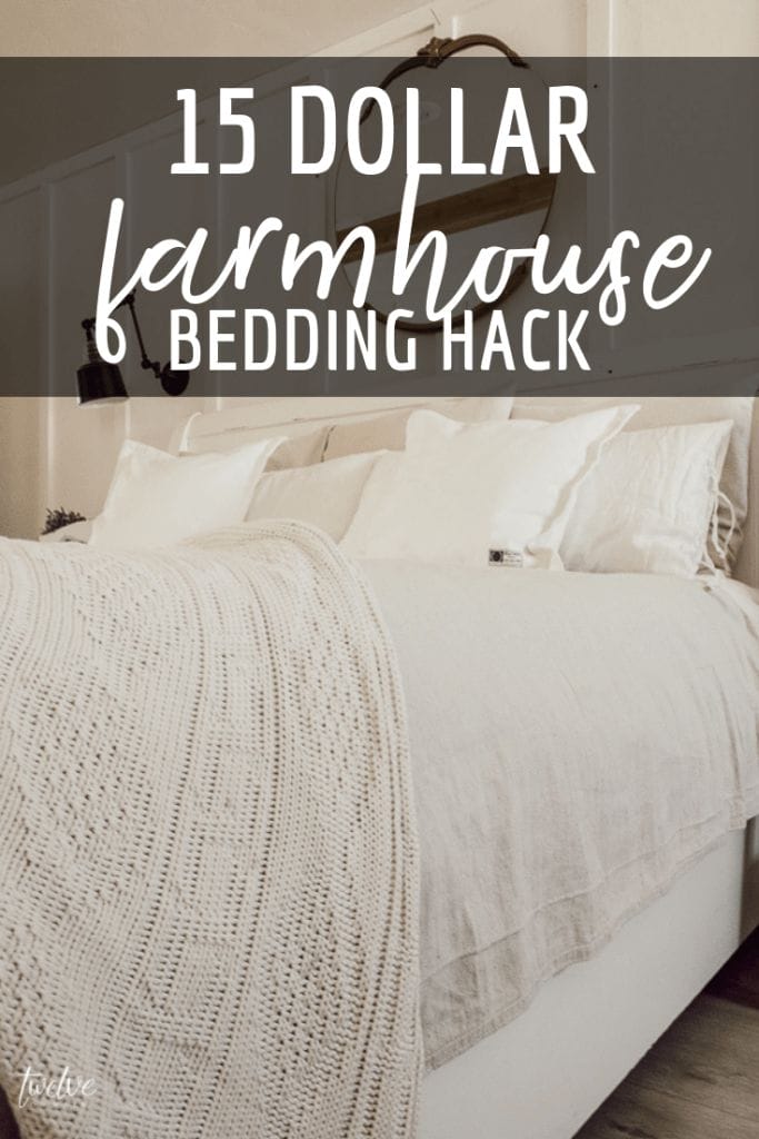 Give your bed a makeover with this 15 dollar farmhouse style bedding hack! It totally transformed my bed!