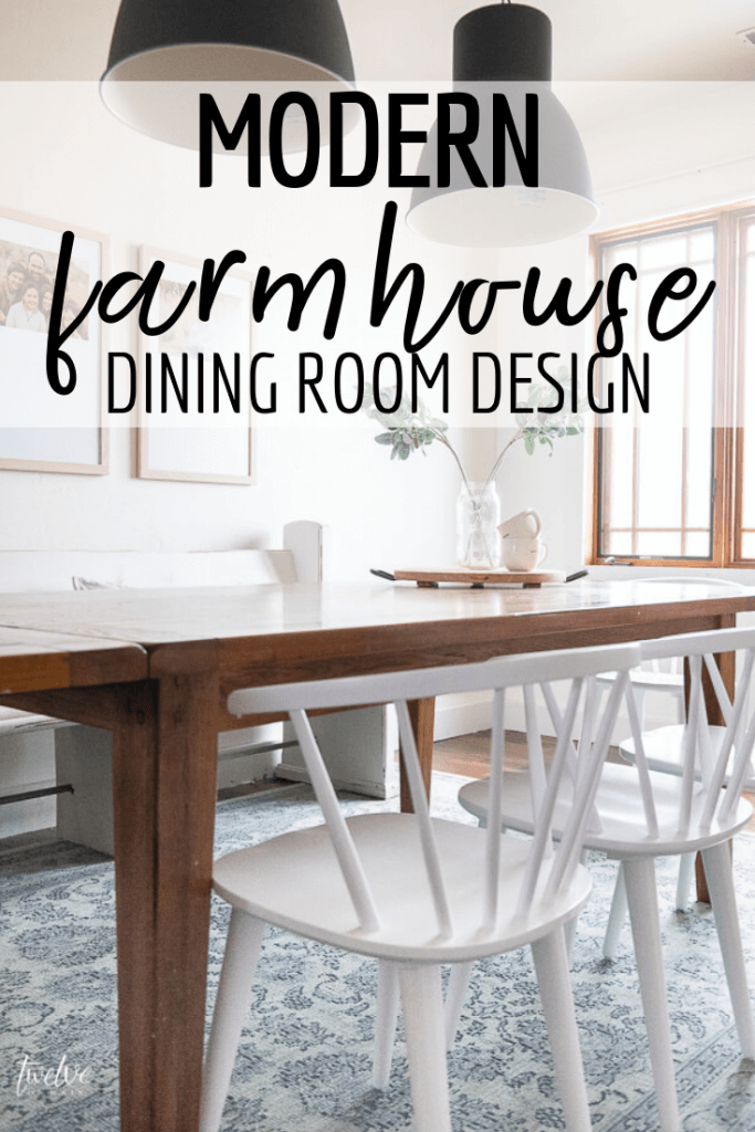 Come check out this amazing modern farmhouse dining room design with simple boho style touches, modern IKEA lights, beautiful framed art and the most amazing white  spindle chairs!