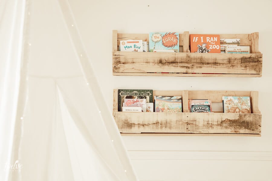 Pallet style book shelves in the reading nook