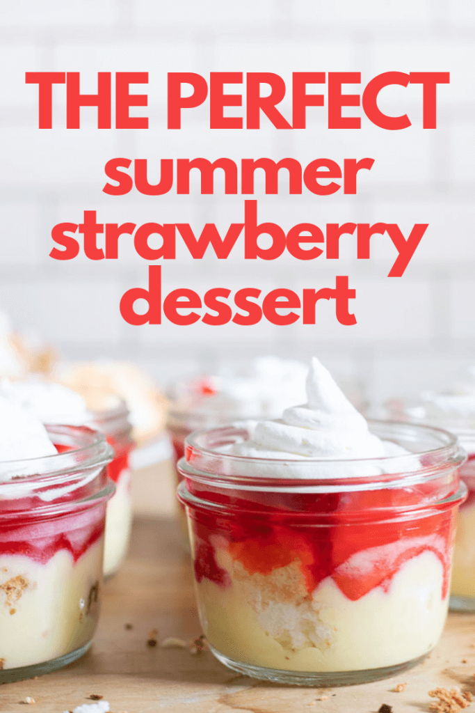 The perfect summertime strawberry dessert with angel food cake, pudding, danish dessert, and strawberries!