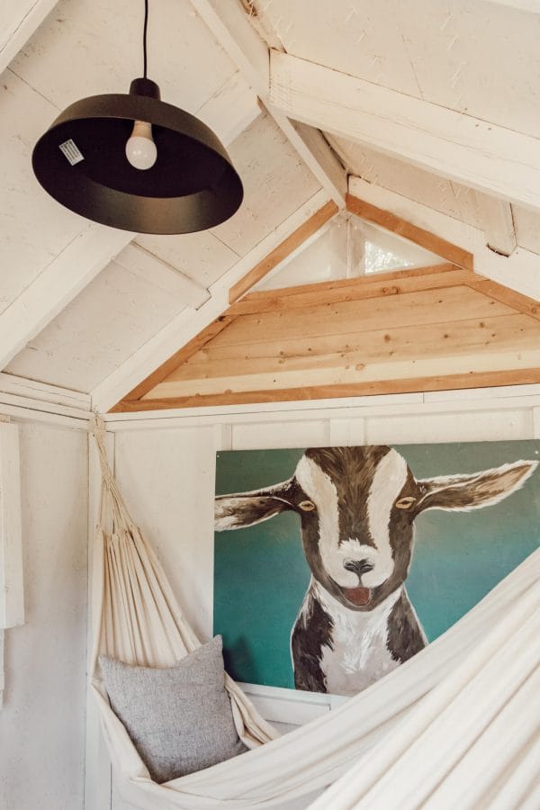 Love this cute goat painting in a gorgeous kids treehouse! Love the details and the simple farmhouse touches!
