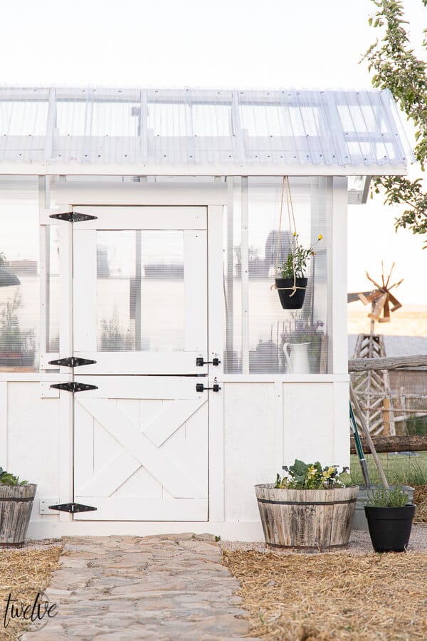 Amazing white DIY greenhouse design complete with a dutch door for ventilation, gorgeous lighting, wood shelves, and so much more. Can you believe this is also super affordable? Check it out!
