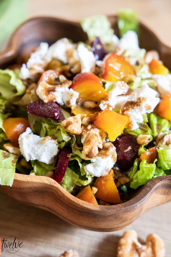 The most flavorful roasted beet and goat cheese salad, full of flavor with walnuts, roasted beets, fresh chevre goat cheese and homemade balsamic dressing.