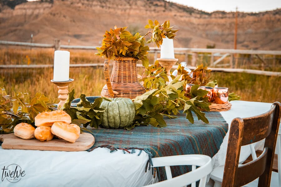 Simple fall table decor perfect for outdoors or indoors. Set back in a tall grass field. Using the area around you as the decor is the key.