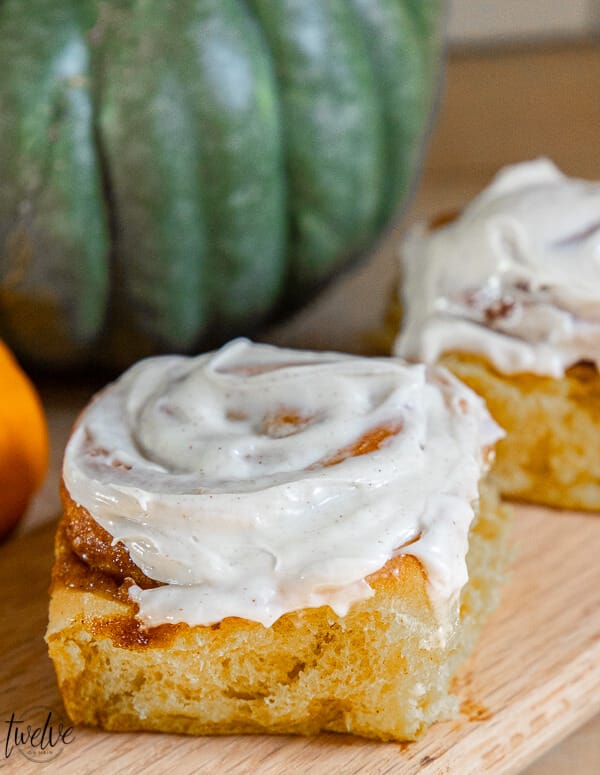 Make these amazing pumpkin cinnamon rolls this fall! They are spiced just right, nice and mild with a hint of pumpkin. Topped with a cinnamon cream cheese frosting, these are to die for!