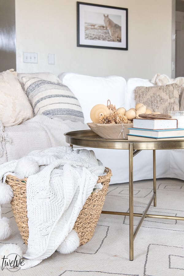 Simple winter decor in the living room using cozy pillows with oodles of texture and simple tones and textures using collections and accent pieces.