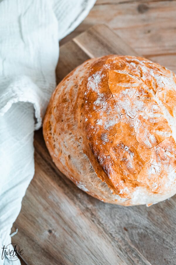 How to make easy no knead bread in the dutch oven or on a sheet pan! This takes 5 minutes to prepare and you can set it and forget it until you are ready to bake it!  Everyone will think you are a bread genius!  Click here!