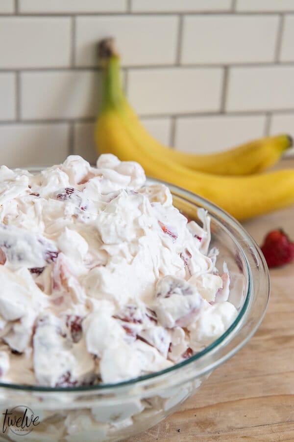My most popular side dish!  This strawberry banana cheesecake salad is so easy to make and tastes amazing!  