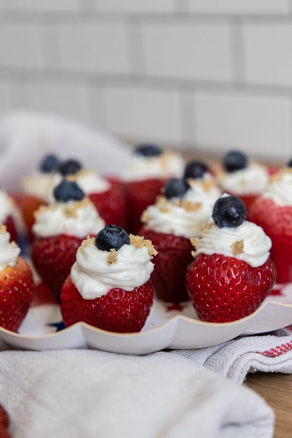 The perfect 4th of July treat! Strawberry cheesecake bites!