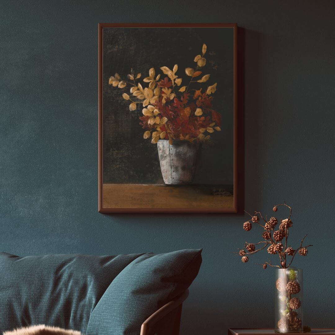 Get this FREE fall flowers printable art now! This moody still life is perfect to hang in your home during the fall months or always.