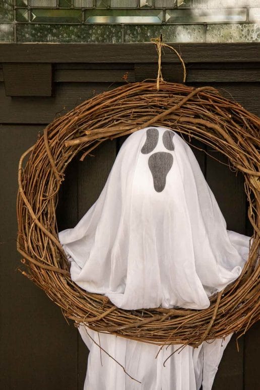 Ghost DIY Halloween Door Wreath Using Dollar Store Items - Twelve On Main