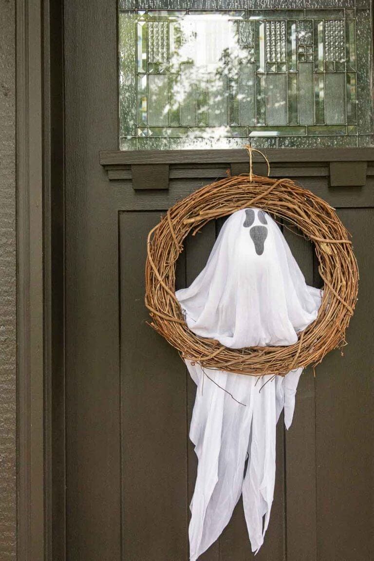 Ghost DIY Halloween Door Wreath Using Dollar Store Items