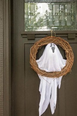 Ghost DIY Halloween Door Wreath Using Dollar Store Items - Twelve On Main