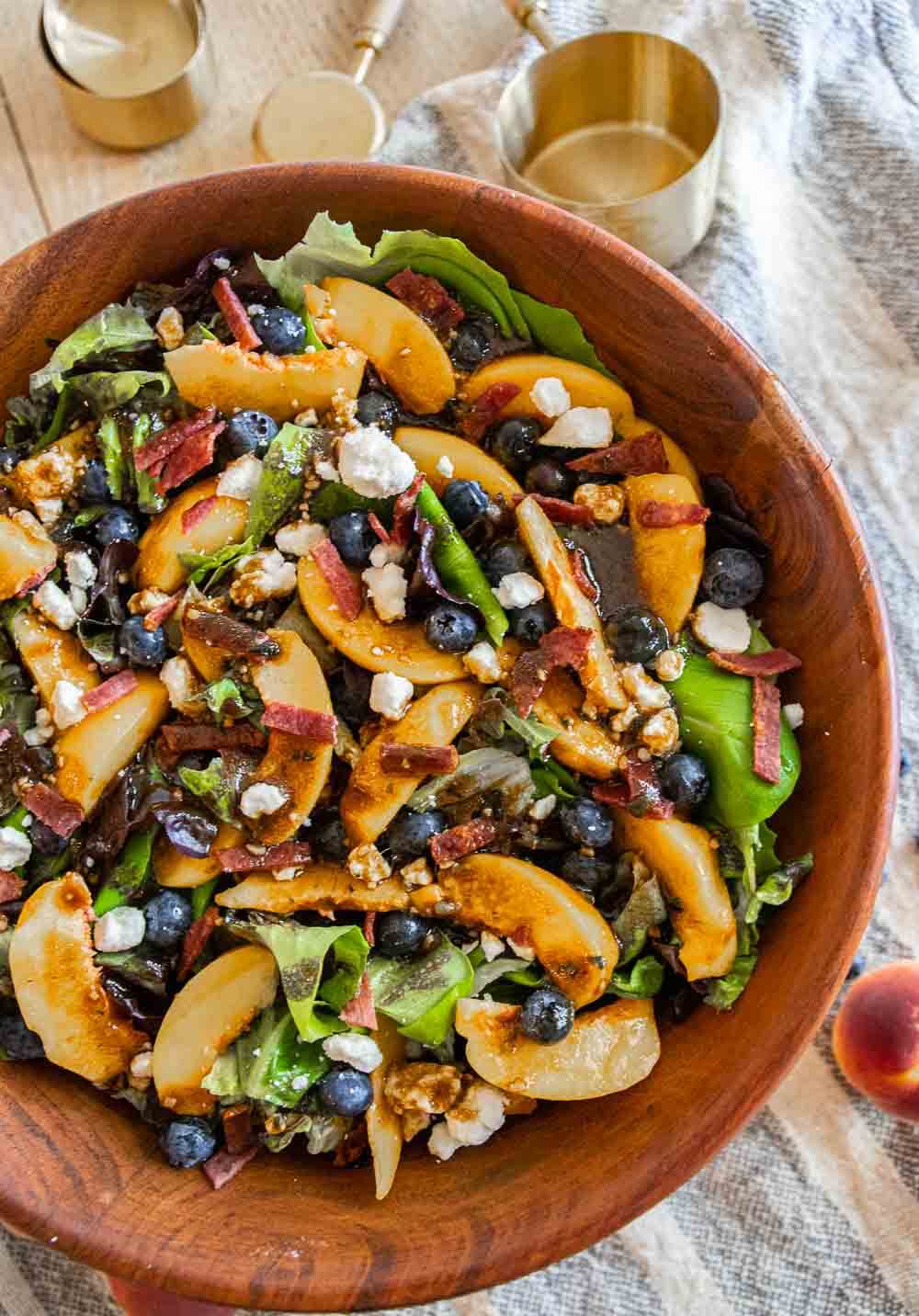 Peach Salad with Bacon, Blueberries, Feta and Balsamic Dressing