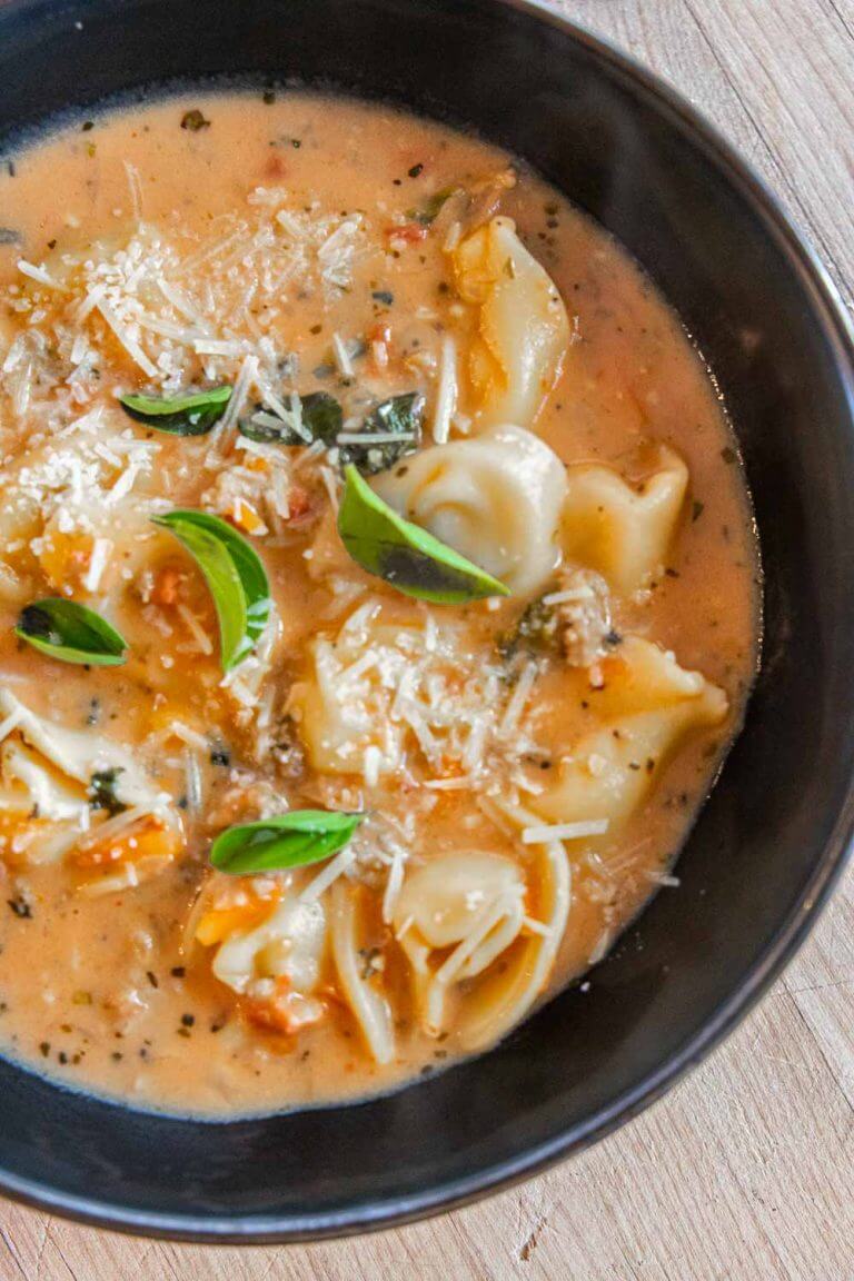 One Pot Creamy Spicy Sausage and Tortellini Soup - Twelve On Main