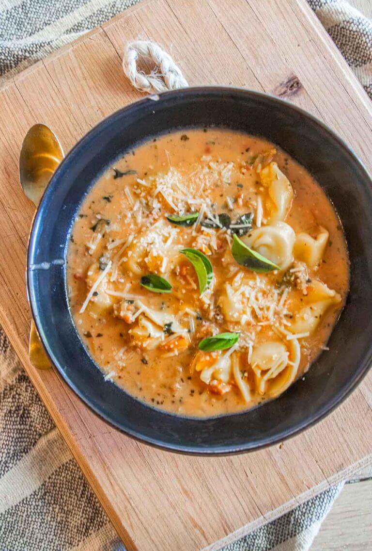 One Pot Creamy Spicy Sausage and Tortellini Soup