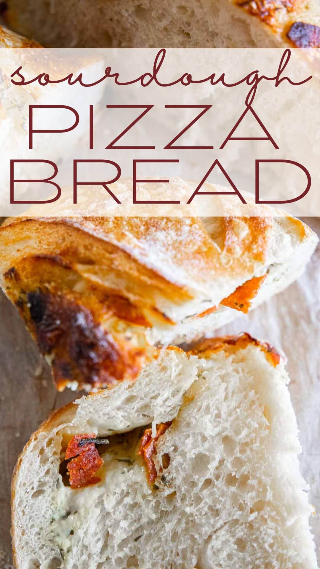 Make this amazing sourdough pizza bread with all the amazing toppings mixed right into the bread! Dip it in marinara sauce for a fun dinner!