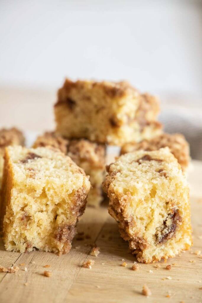 Make this amazing sourdough coffee cake using sourdough discard. The sweet, tender cake with the cinnamon center and streusel topping is it!