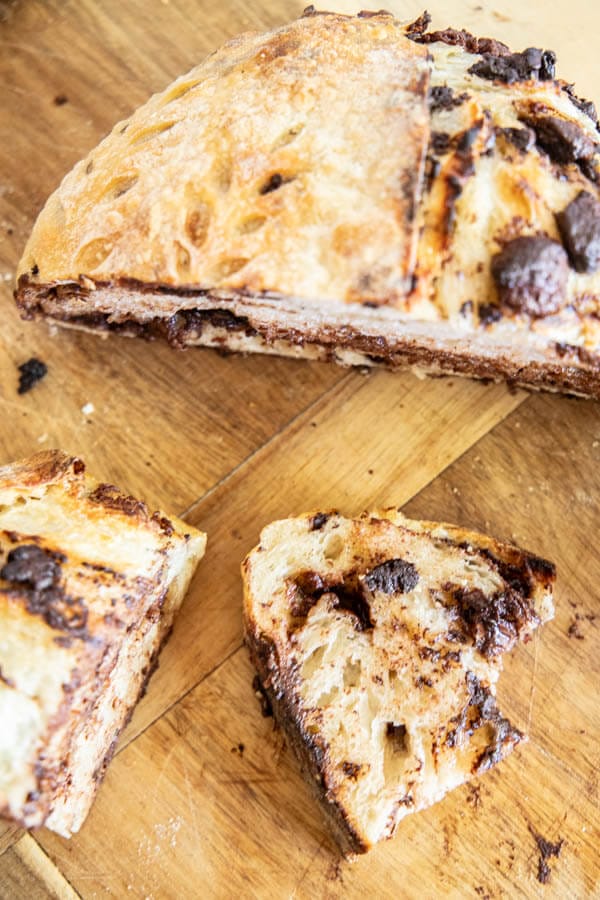 Make this amazing chocolate chip sourdough bread. This takes my classic sourdough bread and turns it into a decadent chocolatey treat!