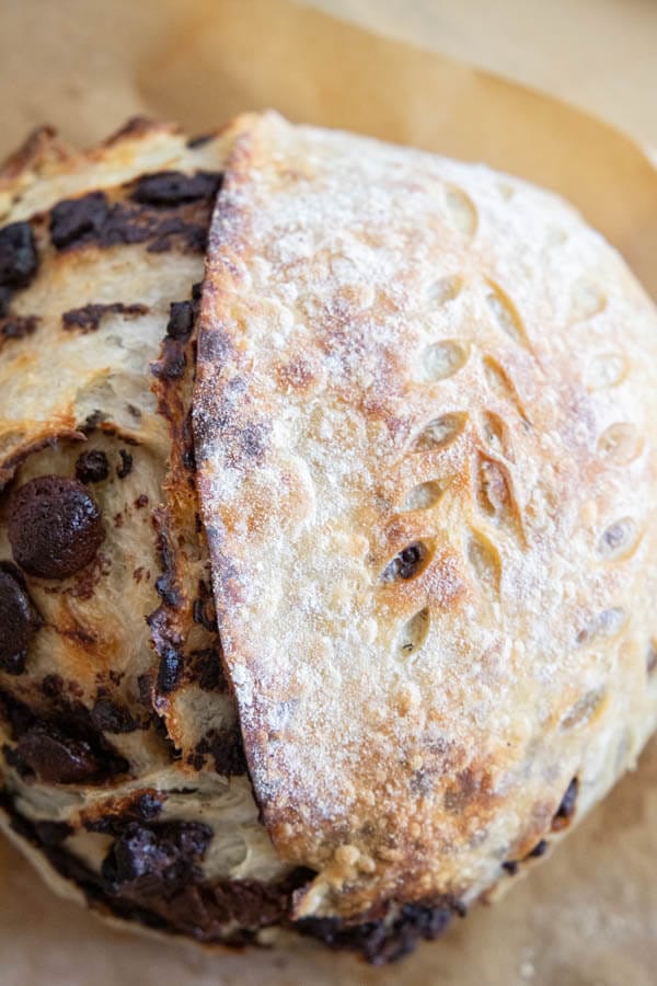 Make this amazing chocolate chip sourdough bread. This takes my classic sourdough bread and turns it into a decadent chocolatey treat!