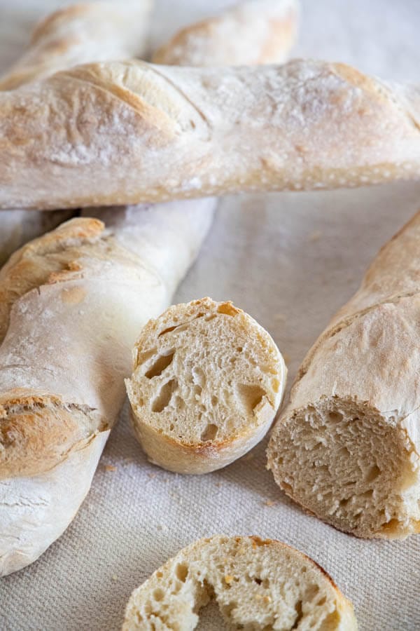 This is a great recipe for sourdough baguettes. These are great for snacking on with cheese or fresh meats, toasted and used for soups and pasta dishes. You can also use them to make rustic sandwiches. Its a great all around sourdough baguette recipe!