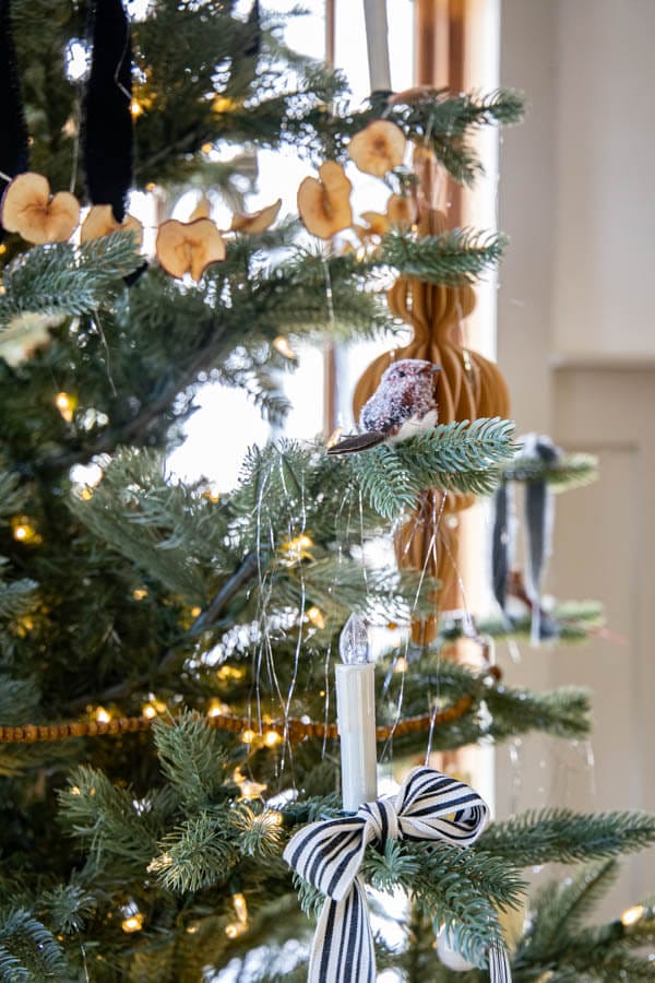 An inspiring Little Women themed Christmas tree with velvet ribbon bows, homemade garlands, dried apples, and so much more.